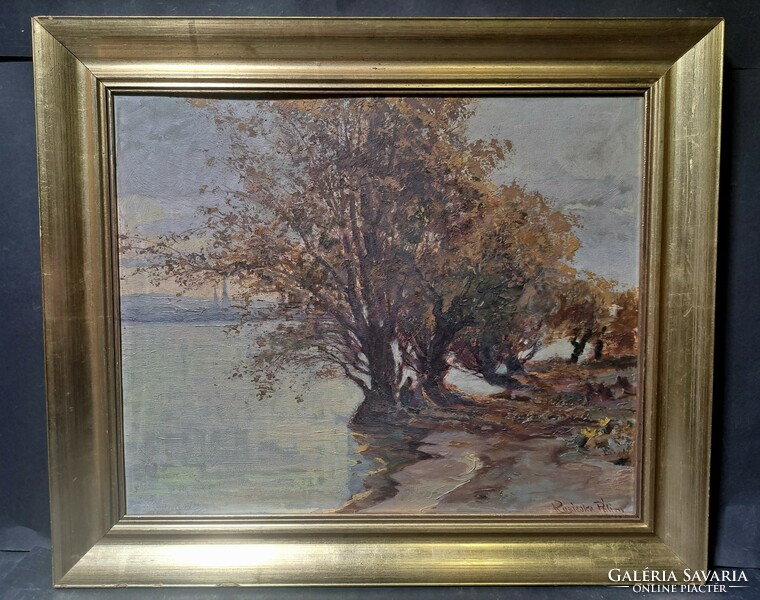 Pál Ruzicska: sunset, detail along the Danube, 1949 (oil) Novi Sad, Voivodeship, trees by the water