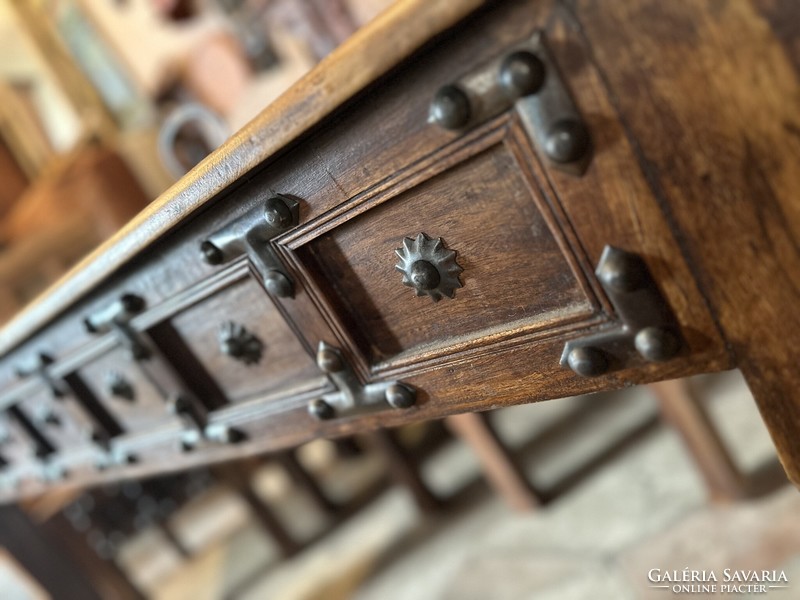 Medieval style Indian rosewood table with decorative hardware, 6 chairs, very rare piece of furniture