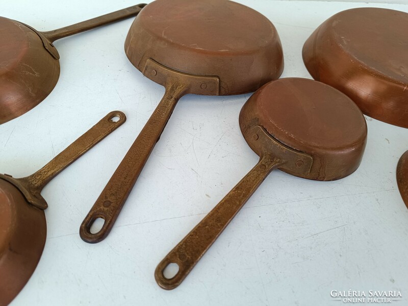 Antique kitchen tool with traces of tin plating red copper pan brass handle set of 6 pieces 8651