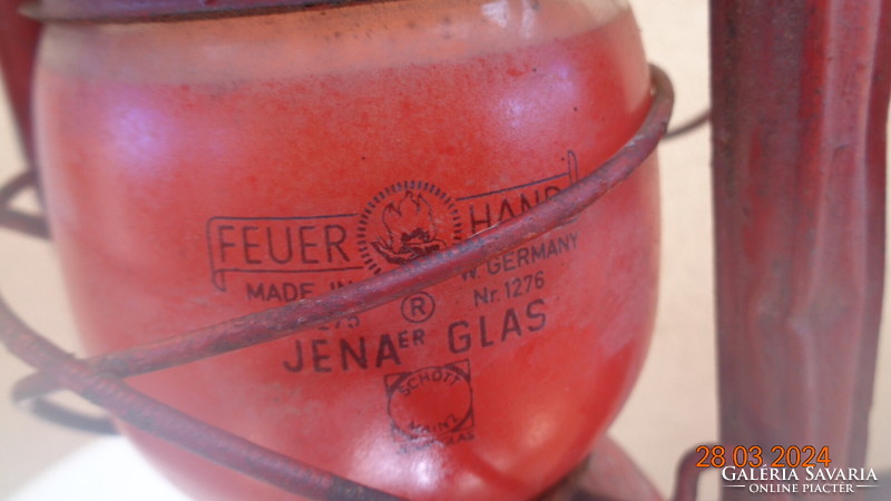 Kerosene lamp, storm lamp, made in Germany, feuerhand with red Jena glass