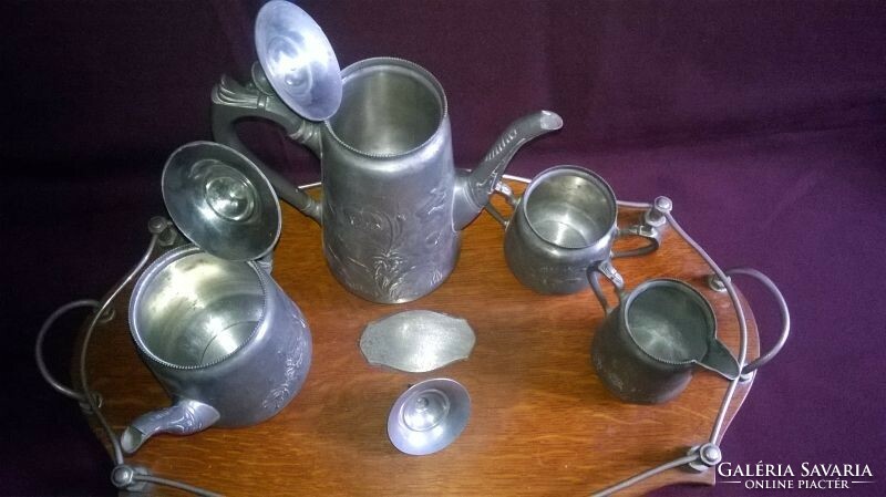 Antique German metal tea or coffee set with wooden tray