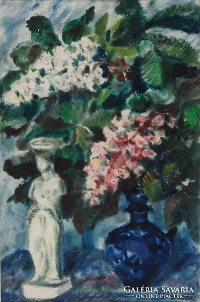 Imre István - Virágcsendélet szoborral 67 x 45,5 cm akvarell, papír 1961