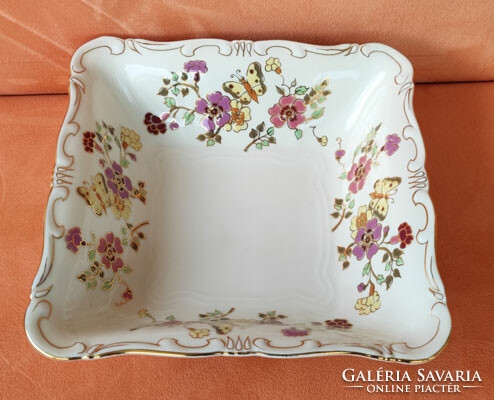 Zsolnay porcelán tésztás - köretes tál pillangó mintával, aranyozott peremmel
