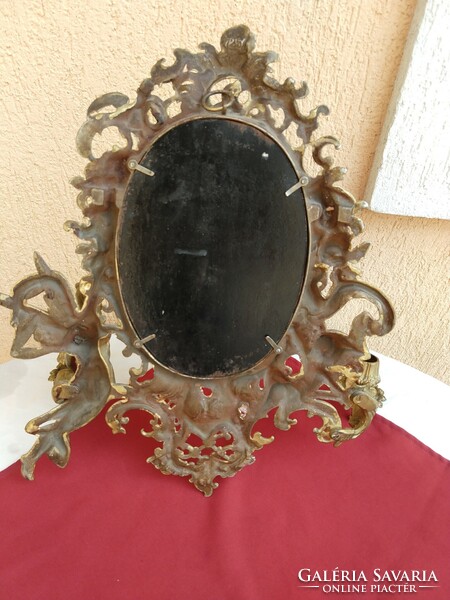 Decorative copper wall mirror,,with putto and lady,,and two candlesticks,,43x40 cm,,immaculate,,