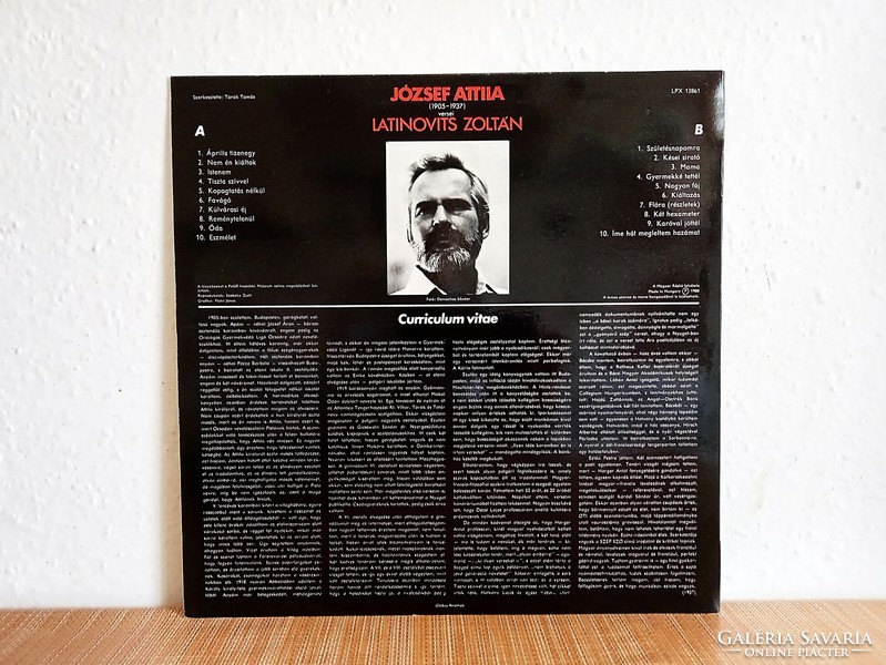Bakelit lemez, LP, József Attila verseit előadja Latinovits Zoltán