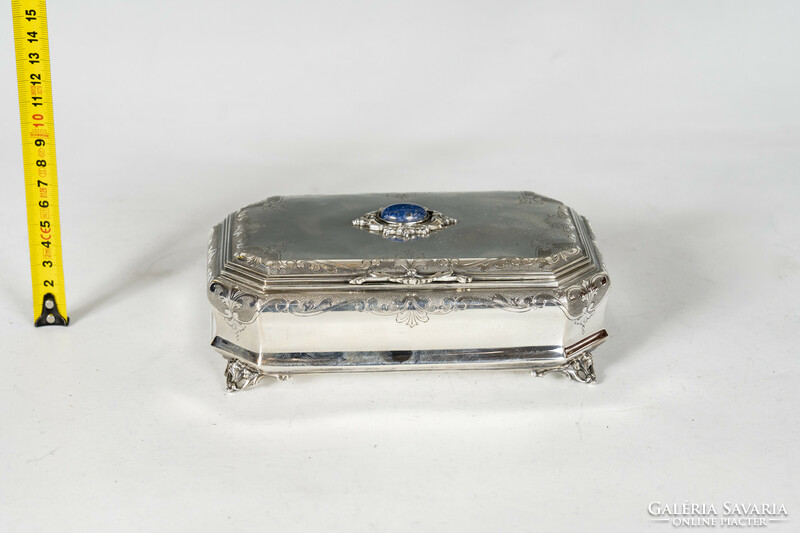 Silver jewelry box with blue stone inlay