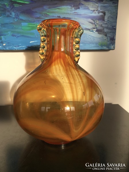 GYŰJTŐKNEK! Különleges, öblös, borostyán színű üveg váza (42)