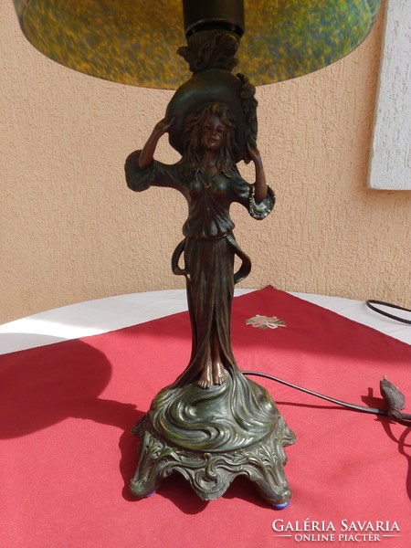 Antique table lamp in the shape of a woman, with original French art deco glass shade, marked,,art de france,,