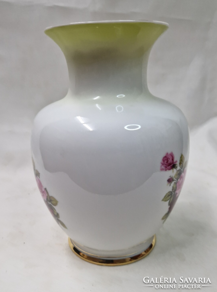 Hollóházi floral pattern pale yellow neck nicely gilded porcelain vase in flawless condition 17 cm.