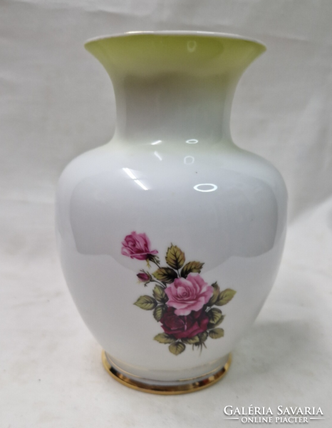 Hollóházi floral pattern pale yellow neck nicely gilded porcelain vase in flawless condition 17 cm.