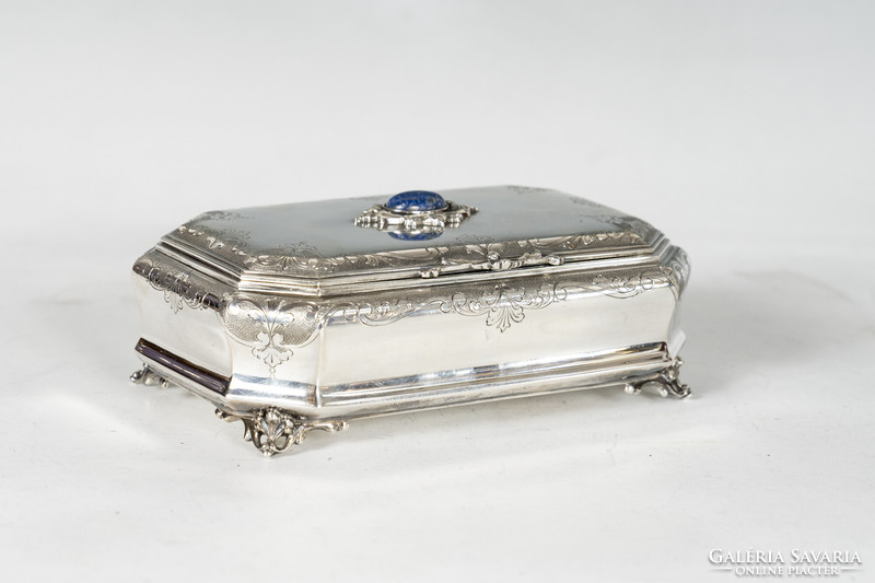 Silver jewelry box with blue stone inlay