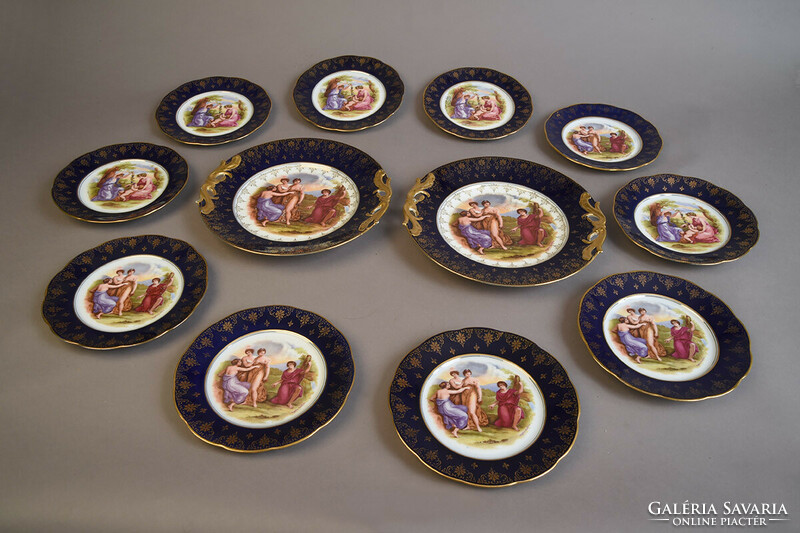 Victoria Austria osztrák 10+2 db-os kékszínű porcelán süteményes készlet, XX. sz. eleje