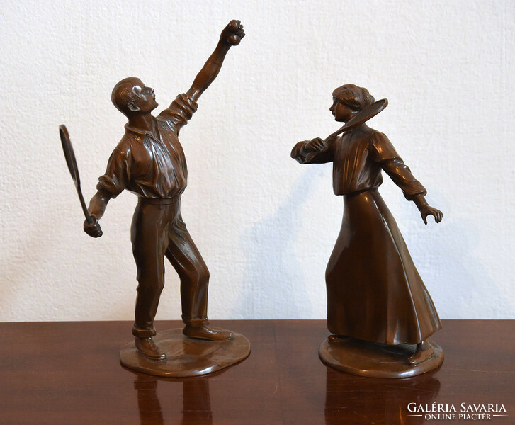 Szecessziós bronz ötvözet teniszező pár, XX.sz. eleje