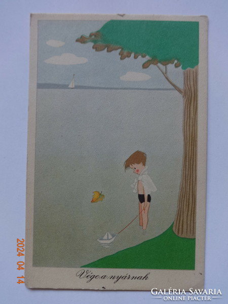 Régi grafikus humoros üdvözlő képeslap, Réber László rajz - "Vége a nyárnak"