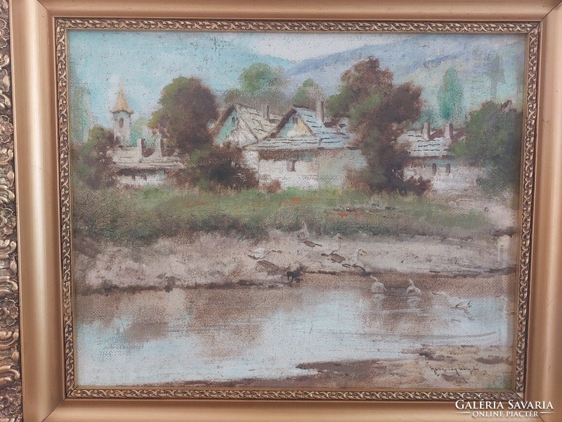 (K) Neograd with László sign village life picture painting 62x53 cm with frame
