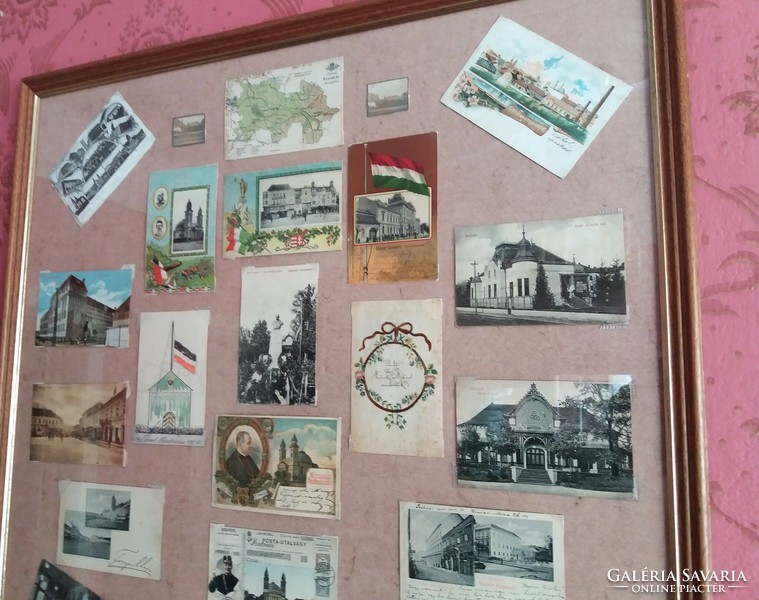 Szatmári postcard collection mounted on a panel, glazed under glass around 1900