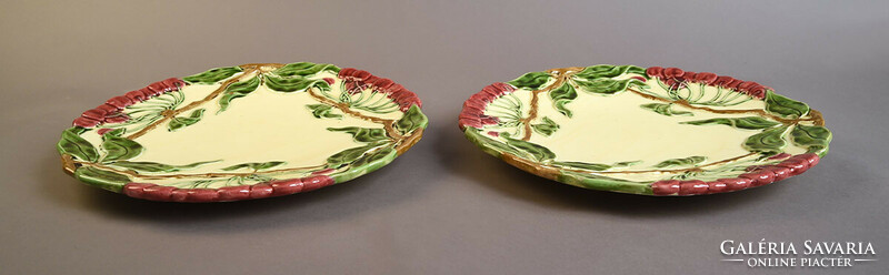 A pair of art nouveau wall plates from Körmöcbánya with a berry pattern, No. xx. Front, one has damage