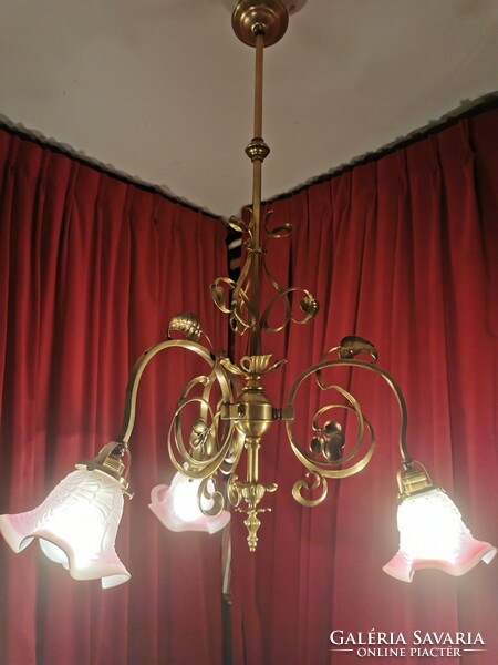 Antique copper three-pronged Art Nouveau chandelier/ 1920-30/ with gradient, acid-etched shades. Sale!