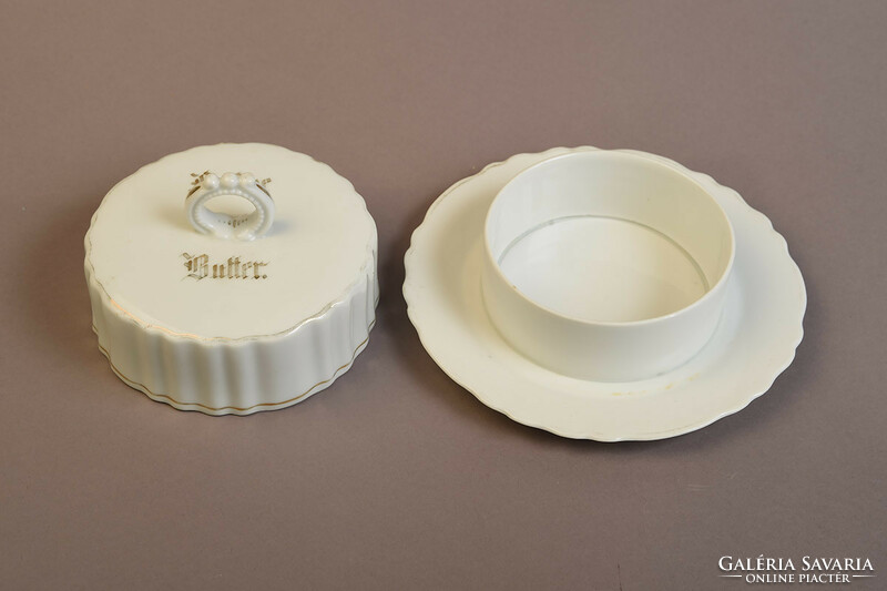 Biedermeier köralakú fehér porcelán vajtartó, Frische Butter felirattal, XIX.sz.közepe