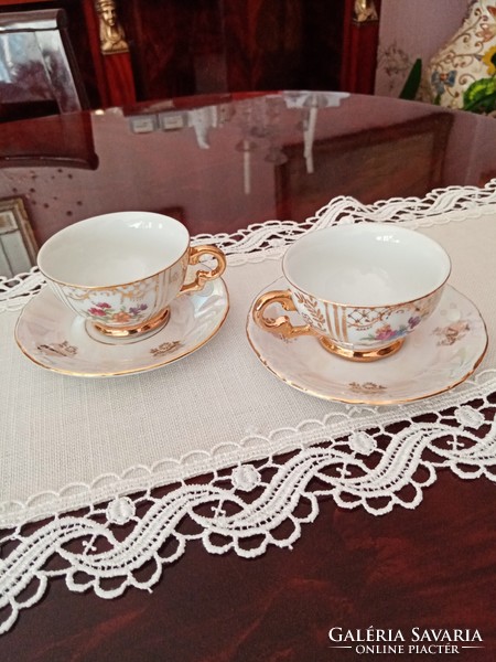 2 German porcelain gilded flower coffee set - cup and plate