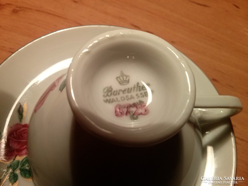 Bareuther Waldsassing Bavaria rózsás kávés csésze és alj, aranyozott, Birkenstein képpel