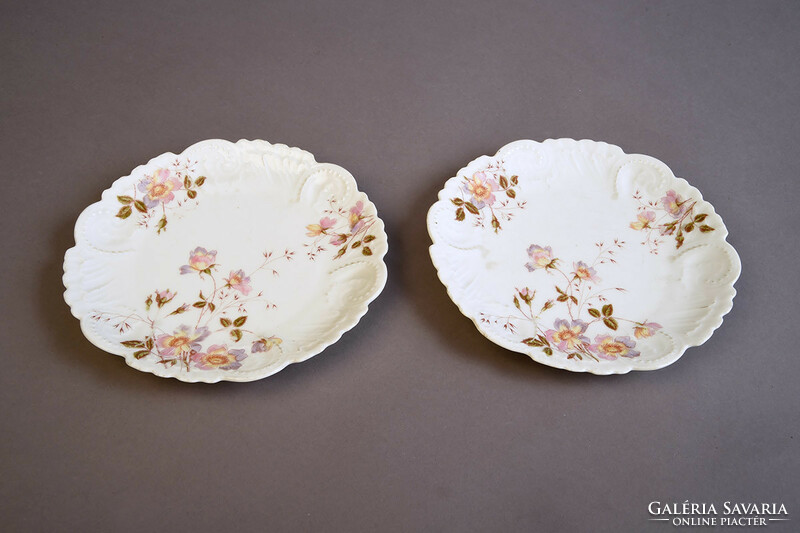 2 db antik virág mintás masszába nyomott rocaille aranyszegélyű porcelán tányér, XIX. sz. első fele