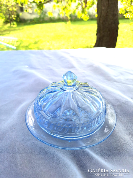 Blue glass butter container
