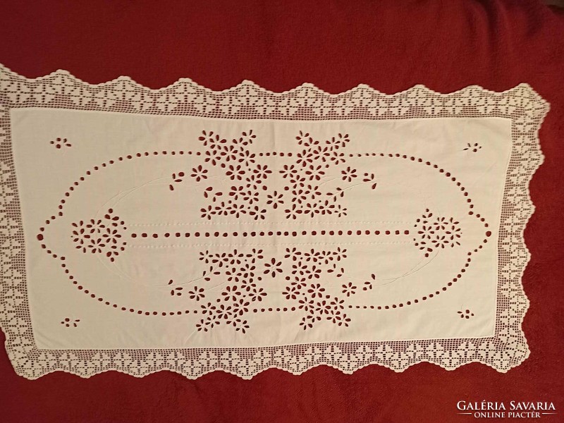 Old tablecloth with Madeira embroidery, lace border, 92x52
