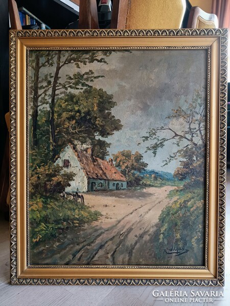 Tanya az út mentén (R. Wolfers) olajfestmény vásznon 1900-as évek eleje (53x63 cm)