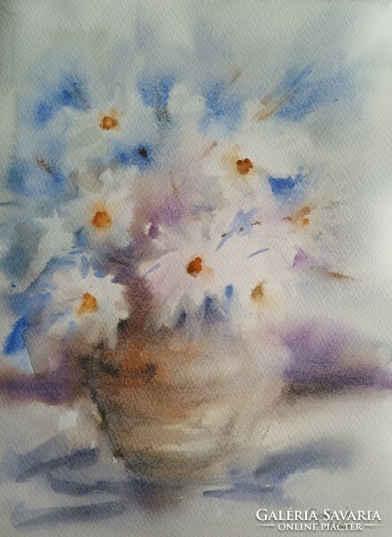 Ágnes Görbe: daisies in a vase, watercolor 42x29cm