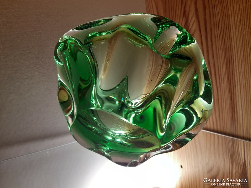 Green Czech handmade glass centerpiece - ashtray, skrdlovice