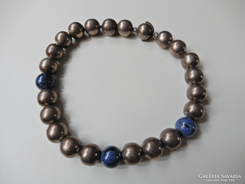 Old design large silver necklace with special clasp and sodalite mineral?