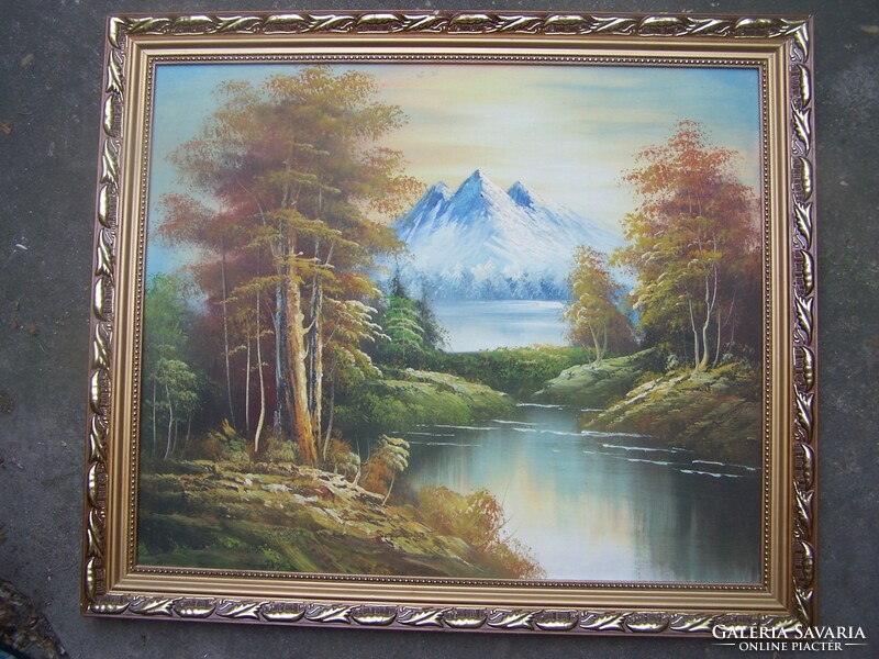 Osztrák festő, XX.század: Alpesi táj folyóval - 60x48 cm, a keret külső mérete 58x68 cm
