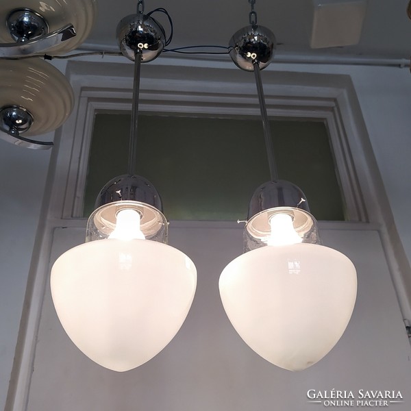Bauhaus - pair of art deco ceiling lamps renovated - special shape water clear - milk glass shade