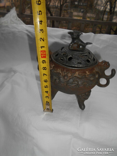 Marked Chinese metal box with a figure of a dog on top - probably incense
