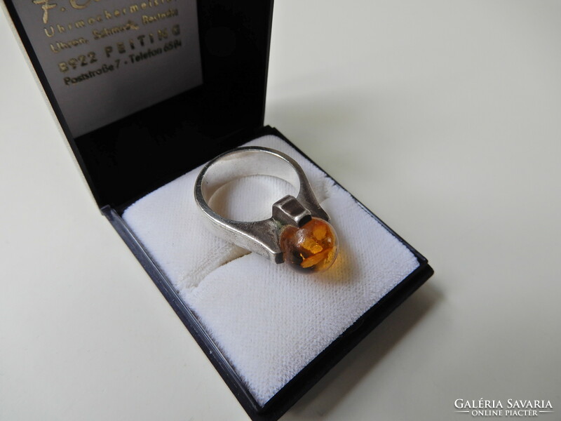 Old modernist silver ring with amber