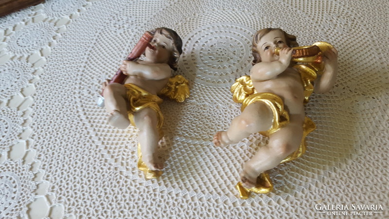 Old carved and painted wooden pair of musical angels