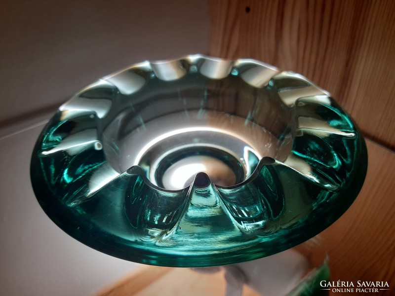 Turquoise glass center table ashtray czech sklo union rosice glass factory, adolf matura, pattern number 983.