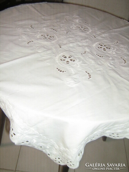 Beautiful white madeira tablecloth with floral embroidery and lace edges