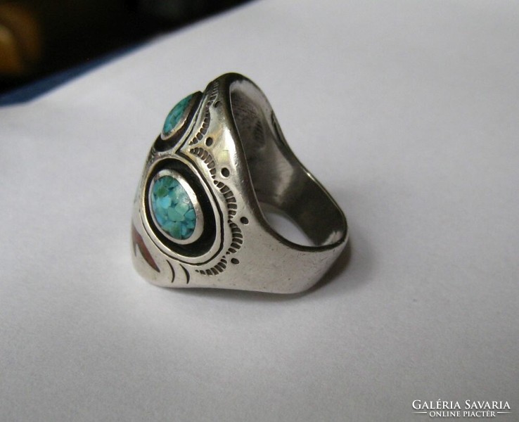 Antique silver Indian handmade ring, turquoise and coral mosaic, design jewelry, men's and women's