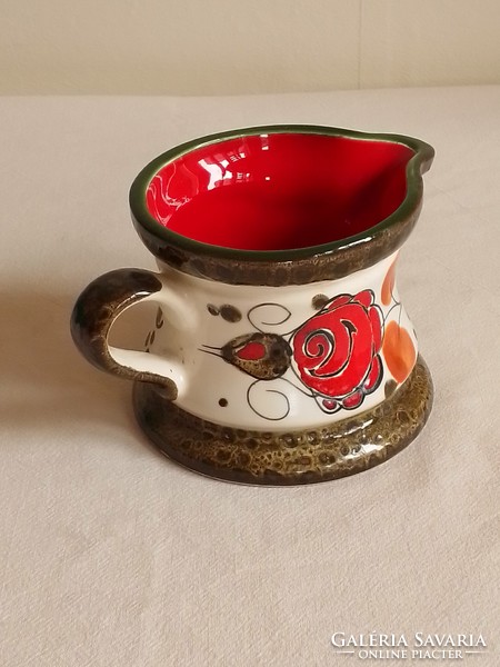 Old glazed Tyrolean ceramic majolica spout with handle small jug hand painted folk floral pattern schramberg