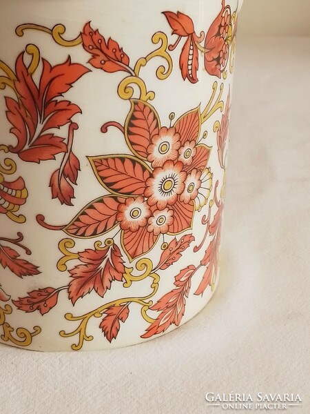Old glazed ceramic kitchen storage container with wooden lid sugar holder tea salt holder stylized flower pattern 12cm
