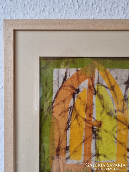 Applied art painted textile picture in a new frame - '70s / '80s