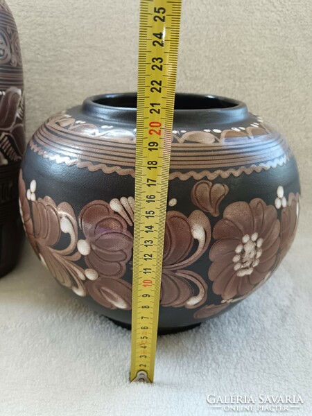 2 retro brown, folk pattern, labeled floor vases, bay flower stand in one