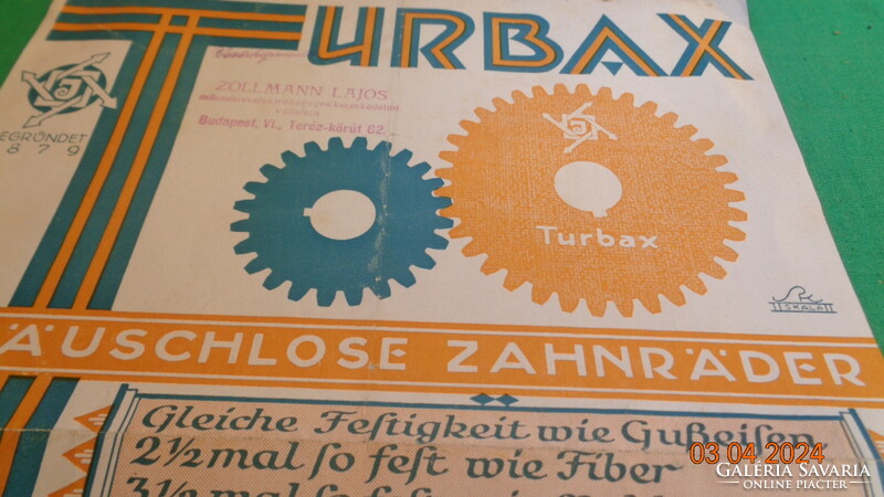 Reklám - szórólap  , TURBAX  fogaskerék  , a 30 as évek  Zollmann Lajosnál