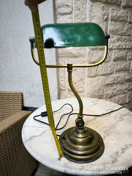 Antique table lamp, copper lamp with green enamel finish.