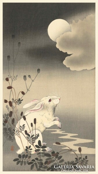 Ohara Koson: Nyúl és telihold éjszaka, japán fametszet, kitűnő minőségű reprint nyomat falikép