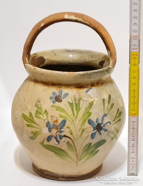 Folk, blue flower pattern, off-white glaze, ceramic straw with top handle (3012)