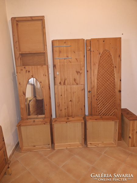 Natural pine wood bedroom wardrobe with 4 doors (two mirrors) and double bed