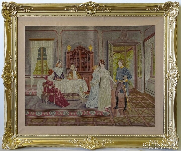 1Q139 Hatalmas gobelin aranyozott Blondel keretben 158 x 189 cm kora XIX sz. vége